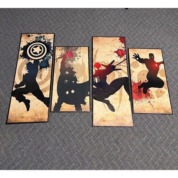 4 Marvel Silhouette Canvas Wall Art 32" Long Super Hero Set Light Weight TV Deco
